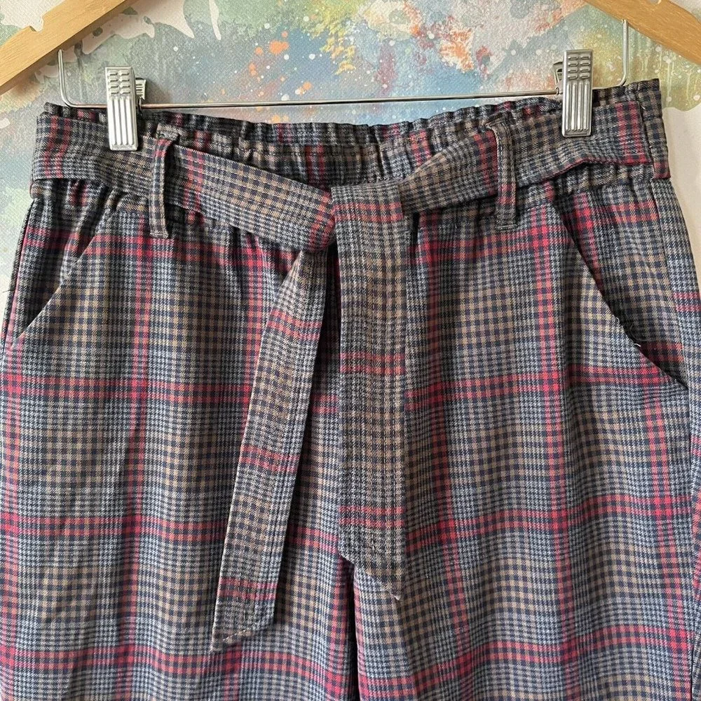 Altar'd State Pants Sz Medium Plaid Trousers Pull On Cuffed Blue Red Tan Belted